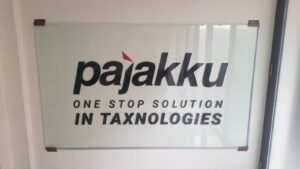 Cutting sticker logo Pajakku One Stop Solution in Taxnologies pada papan kaca dinding