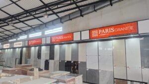 Sticker print Paris Granite by Kobin Tiles pada papan display showroom keramik
